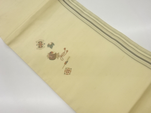 手織り紬縞に宝・扇子模様織出し名古屋帯